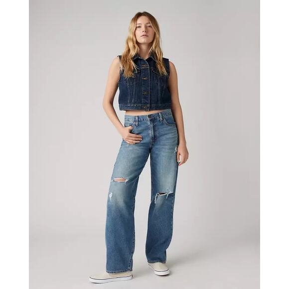 Levi’s Baggy Dad Straight Leg Distressed Denim Blue Jeans Women’s Size 27 - Picture 1 of 11